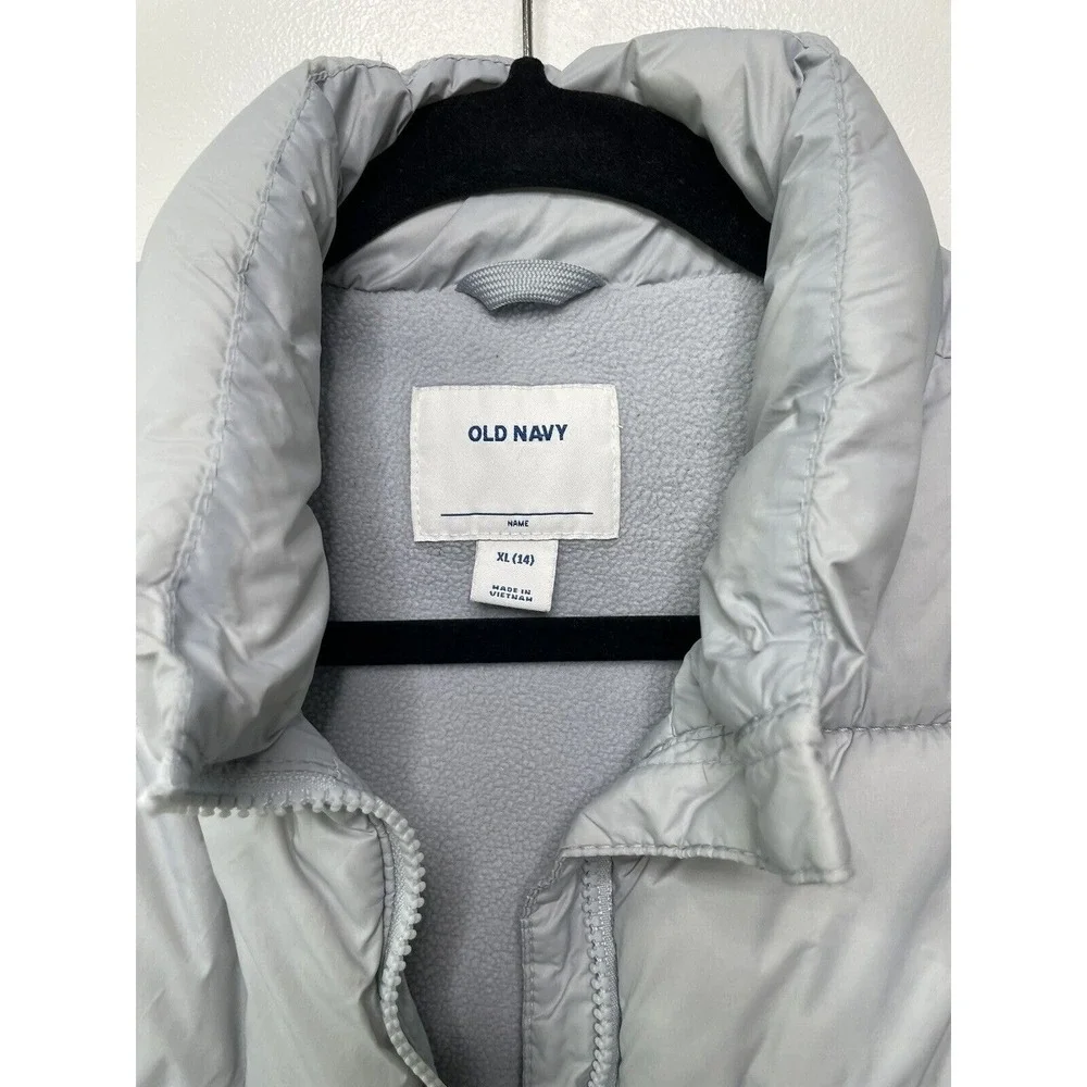 Old Navy Kids XL 14 Puffer Vest Light Gray Fleece Lined Quilted Full Zip Jacket